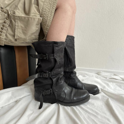 2026新款廢土風皮帶釦中筒靴真皮復古褶皺外穿做舊西部牛仔靴