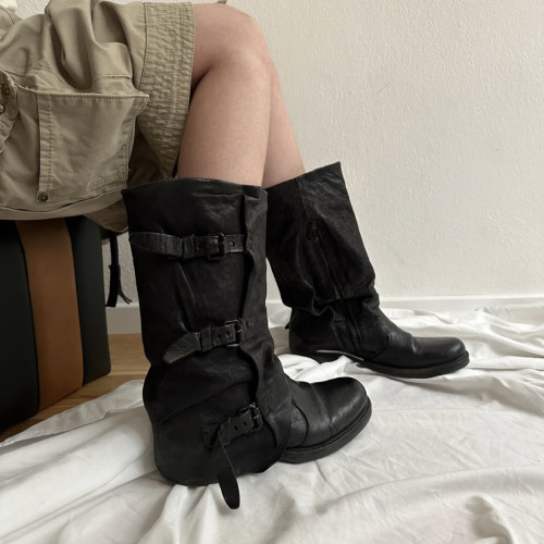 2026新款廢土風皮帶釦中筒靴真皮復古褶皺外穿做舊西部牛仔靴 2026新款廢土風皮帶釦中筒靴真皮復古褶皺外穿做舊西部牛仔靴