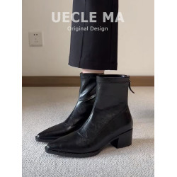 瑪叔~粗跟尖頭短靴女2025秋冬新款軟皮彈力瘦瘦靴法式通勤馬丁靴