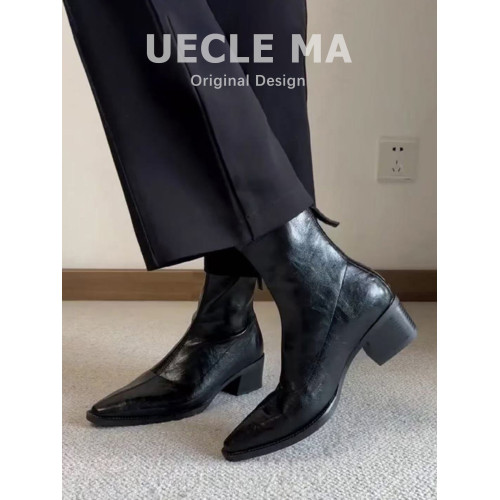 瑪叔~粗跟尖頭短靴女2025秋冬新款軟皮彈力瘦瘦靴法式通勤馬丁靴