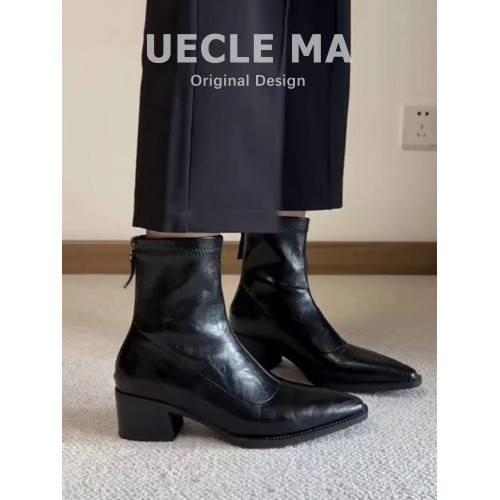 瑪叔~粗跟尖頭短靴女2025秋冬新款軟皮彈力瘦瘦靴法式通勤馬丁靴