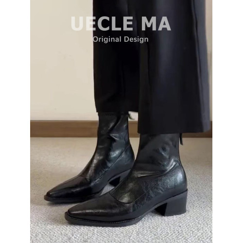 瑪叔~粗跟尖頭短靴女2025秋冬新款軟皮彈力瘦瘦靴法式通勤馬丁靴