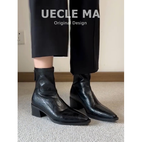 瑪叔~粗跟尖頭短靴女2025秋冬新款軟皮彈力瘦瘦靴法式通勤馬丁靴