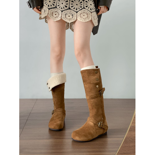 復古棕色厚底靴子女長筒靴2026新款秋冬保暖顯瘦勃肯加絨雪地長靴