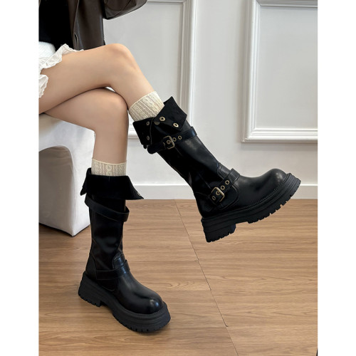 牛皮版~真皮厚底美拉德長筒靴女2025新款秋冬復古加絨高筒騎士靴