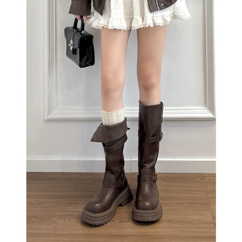 牛皮版~真皮厚底美拉德長筒靴女2025新款秋冬復古加絨高筒騎士靴