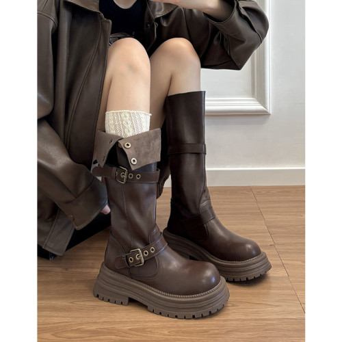 牛皮版~真皮厚底美拉德長筒靴女2025新款秋冬復古加絨高筒騎士靴