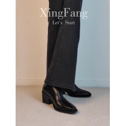 牛皮版~高跟方頭彈力瘦瘦靴女秋冬新款法式粗跟黑色馬丁靴子短靴