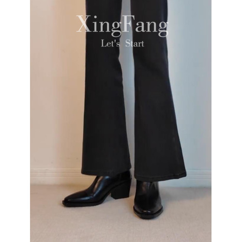 牛皮版~高跟方頭彈力瘦瘦靴女秋冬新款法式粗跟黑色馬丁靴子短靴