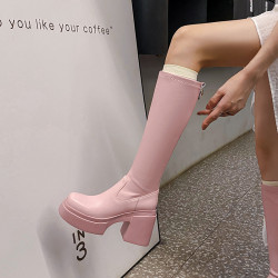 10CM小衆設計感厚底高筒騎士靴英倫風超高跟方頭粗跟後拉鍊長靴