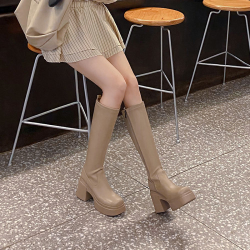 10CM小衆設計感厚底高筒騎士靴英倫風超高跟方頭粗跟後拉鍊長靴 10CM小衆設計感厚底高筒騎士靴英倫風超高跟方頭粗跟後拉鍊長靴