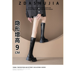 2025新款真皮厚底內增高長靴女小個子不過膝騎士靴彈力瘦瘦長筒靴