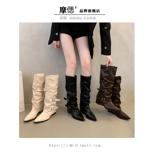 粗跟高跟高筒靴女2026新款春秋季尖頭堆堆靴長筒靴子褲琯靴騎士靴