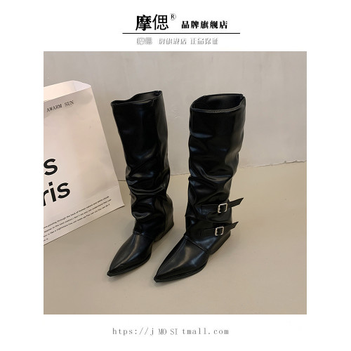 粗跟高跟高筒靴女2026新款春秋季尖頭堆堆靴長筒靴子褲琯靴騎士靴