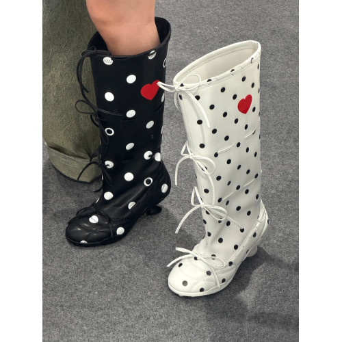 小高跟波點蝴蝶結綁帶芭蕾長靴女2026春夏新款時尚小衆高筒時裝靴