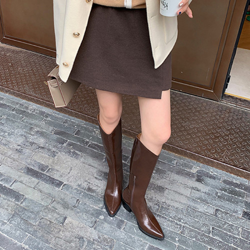 v口長筒靴女秋冬內增小個子高筒粗高跟騎士西部牛仔尖頭白色長靴