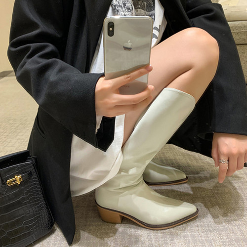 v口長筒靴女秋冬內增小個子高筒粗高跟騎士西部牛仔尖頭白色長靴
