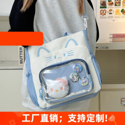 新款吧唧痛包單肩斜背大容量帆布袋二次元學生裝書袋貓咪手提娃包