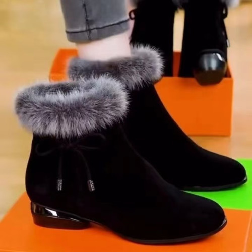 軟皮磨砂毛毛短靴細跟高跟鞋2025新款秋冬季氣質尖頭女棉皮鞋加絨