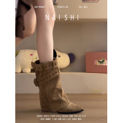 真皮版~復古美拉德粗跟褲琯靴女2026新款秋顯瘦增高騎士中筒短靴