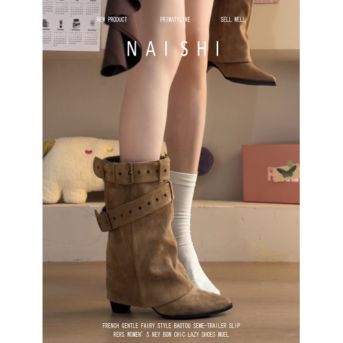 真皮版~復古美拉德粗跟褲琯靴女2026新款秋顯瘦增高騎士中筒短靴