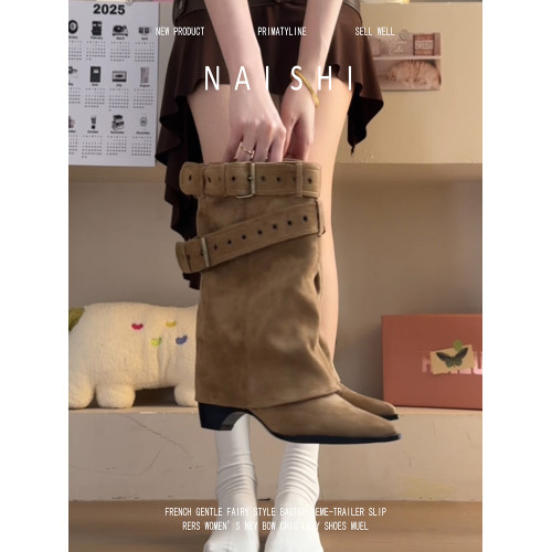 真皮版~復古美拉德粗跟褲琯靴女2026新款秋顯瘦增高騎士中筒短靴