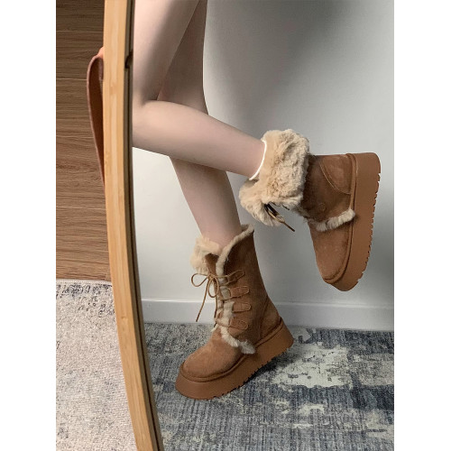 加絨加厚雪地靴女款2026新款冬季皮毛一體厚底復古東北保暖大棉鞋