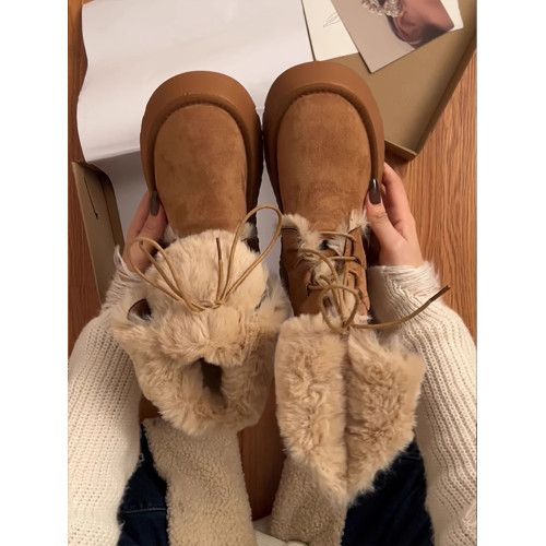 加絨加厚雪地靴女款2026新款冬季皮毛一體厚底復古東北保暖大棉鞋