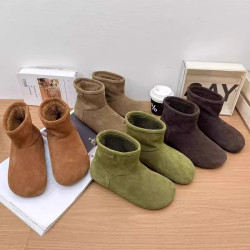 2025冬季新款磨砂真皮平底復古馬丁靴女加絨保暖醜萌大頭雪地棉靴