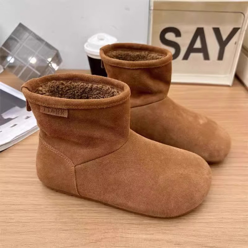 2025冬季新款磨砂真皮平底復古馬丁靴女加絨保暖醜萌大頭雪地棉靴