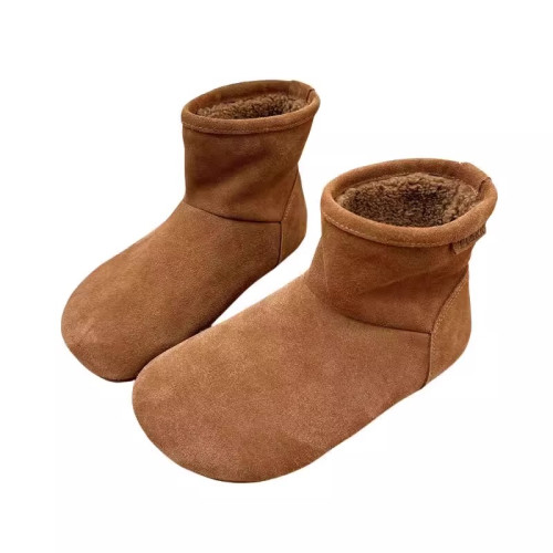 2025冬季新款磨砂真皮平底復古馬丁靴女加絨保暖醜萌大頭雪地棉靴