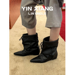 超軟小羊皮~褶皺尖頭黑色小短靴女2025復古小衆馬丁靴西部牛仔靴