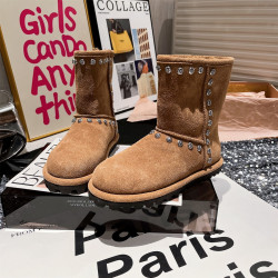 歐美風鉚釘毛毛雪地靴女冬季保暖加厚短靴圓頭棉靴