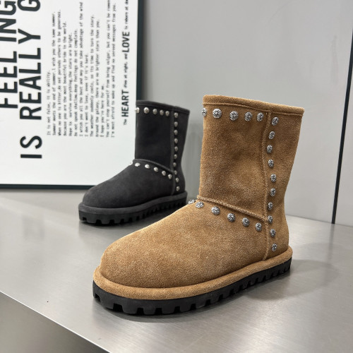 歐美風鉚釘毛毛雪地靴女冬季保暖加厚短靴圓頭棉靴