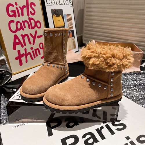 歐美風鉚釘毛毛雪地靴女冬季保暖加厚短靴圓頭棉靴