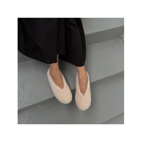 羊皮版~圓頭法式一腳蹬毛毛鞋外穿豆豆鞋加絨保暖棉鞋內增高單鞋