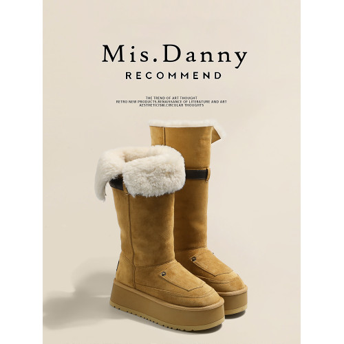 小衆繙毛口~厚底防滑雪地靴女冬2025新款增高筒騎士長靴加厚棉鞋