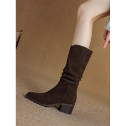 撤櫃品牌女鞋粗跟西部靴復古V口中筒靴女2025秋冬新款中跟堆堆靴