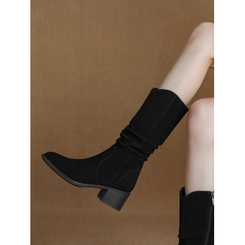 撤櫃品牌女鞋粗跟西部靴復古V口中筒靴女2025秋冬新款中跟堆堆靴