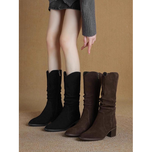 撤櫃品牌女鞋粗跟西部靴復古V口中筒靴女2025秋冬新款中跟堆堆靴