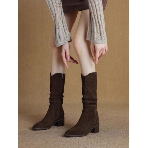 撤櫃品牌女鞋粗跟西部靴復古V口中筒靴女2025秋冬新款中跟堆堆靴