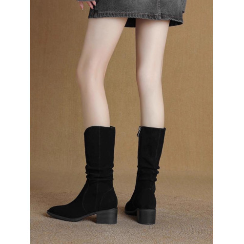 撤櫃品牌女鞋粗跟西部靴復古V口中筒靴女2025秋冬新款中跟堆堆靴