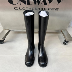 2025新款不過膝圓頭英倫粗跟騎士靴黑色高筒靴厚底顯瘦後拉鍊長靴