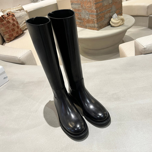 2025新款不過膝圓頭英倫粗跟騎士靴黑色高筒靴厚底顯瘦後拉鍊長靴