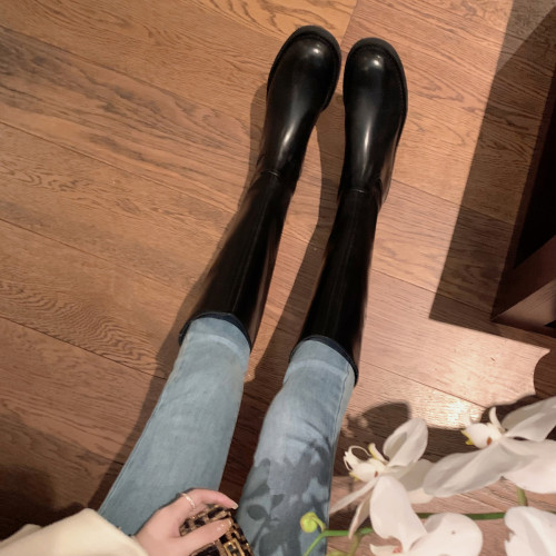 2025新款不過膝圓頭英倫粗跟騎士靴黑色高筒靴厚底顯瘦後拉鍊長靴