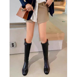 羊皮版~2025金屬鎖釦騎士靴小圓頭不過膝長靴女斜口釦帶高筒靴女