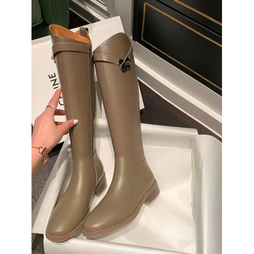 羊皮版~2025金屬鎖釦騎士靴小圓頭不過膝長靴女斜口釦帶高筒靴女