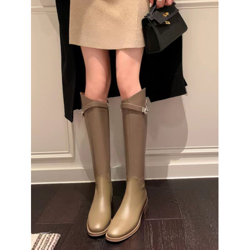 羊皮版~2025金屬鎖釦騎士靴小圓頭不過膝長靴女斜口釦帶高筒靴女