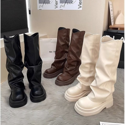 2025新款法式時尚不過膝褲琯靴長靴女設計感小衆增高顯瘦時裝靴女