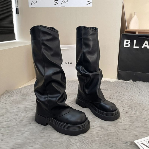 2025新款法式時尚不過膝褲琯靴長靴女設計感小衆增高顯瘦時裝靴女